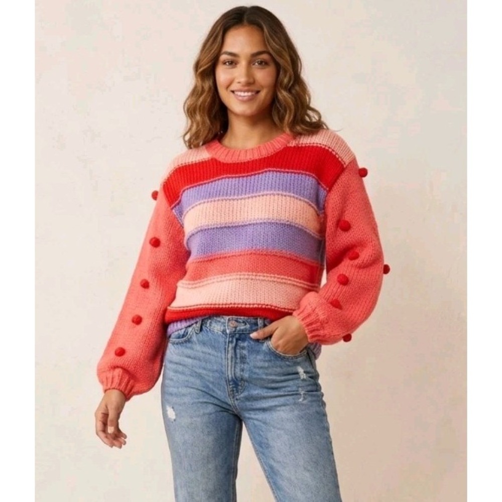 Umgee Striped‎ Relaxed Knit Crew Neck Long Sleeve Sweater Pullover Small Pompoms - Picture 4 of 8